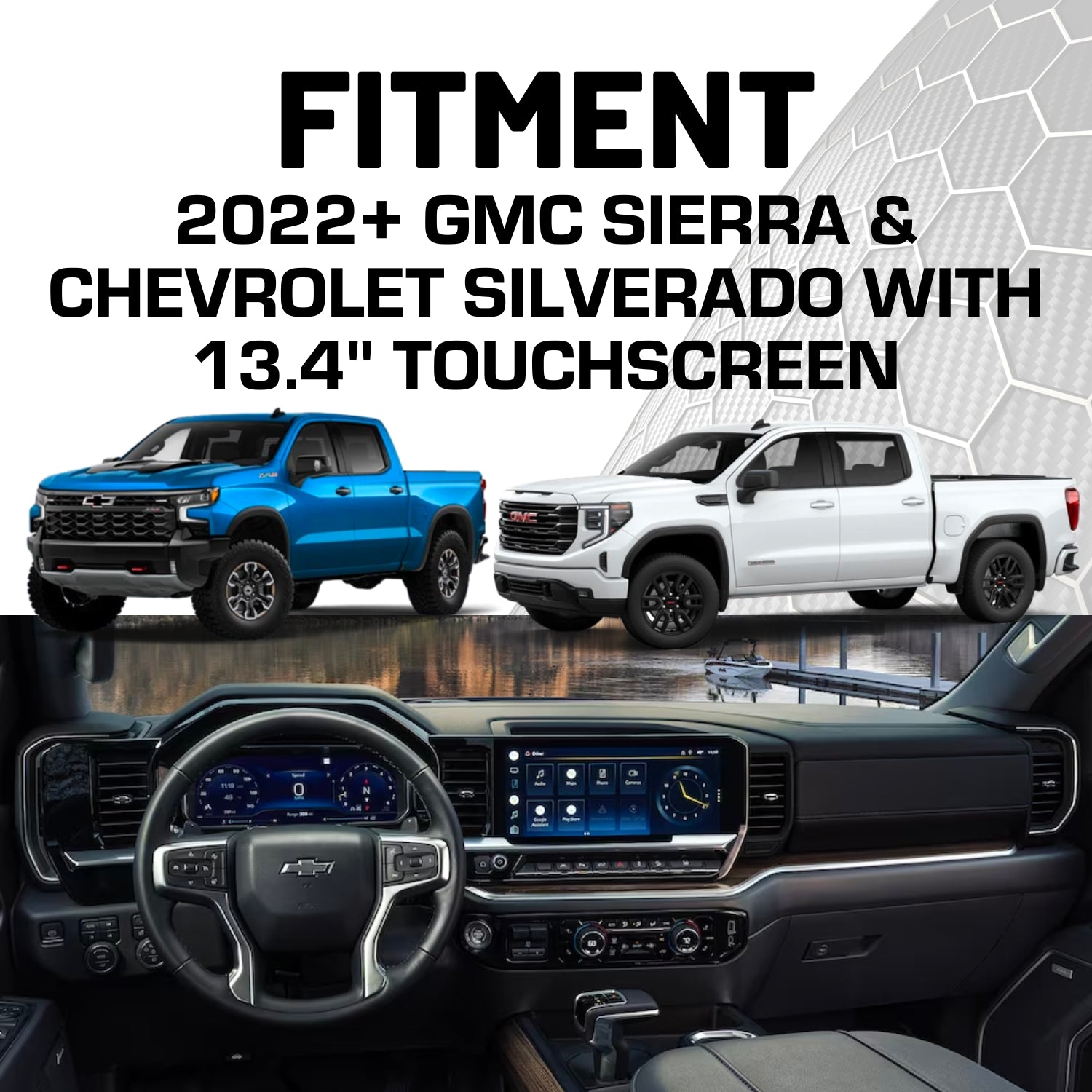 RubiGrid® 2022+ GMC Sierra + Chevrolet Silverado Dash Mount 13.4" Screen with Black Arms