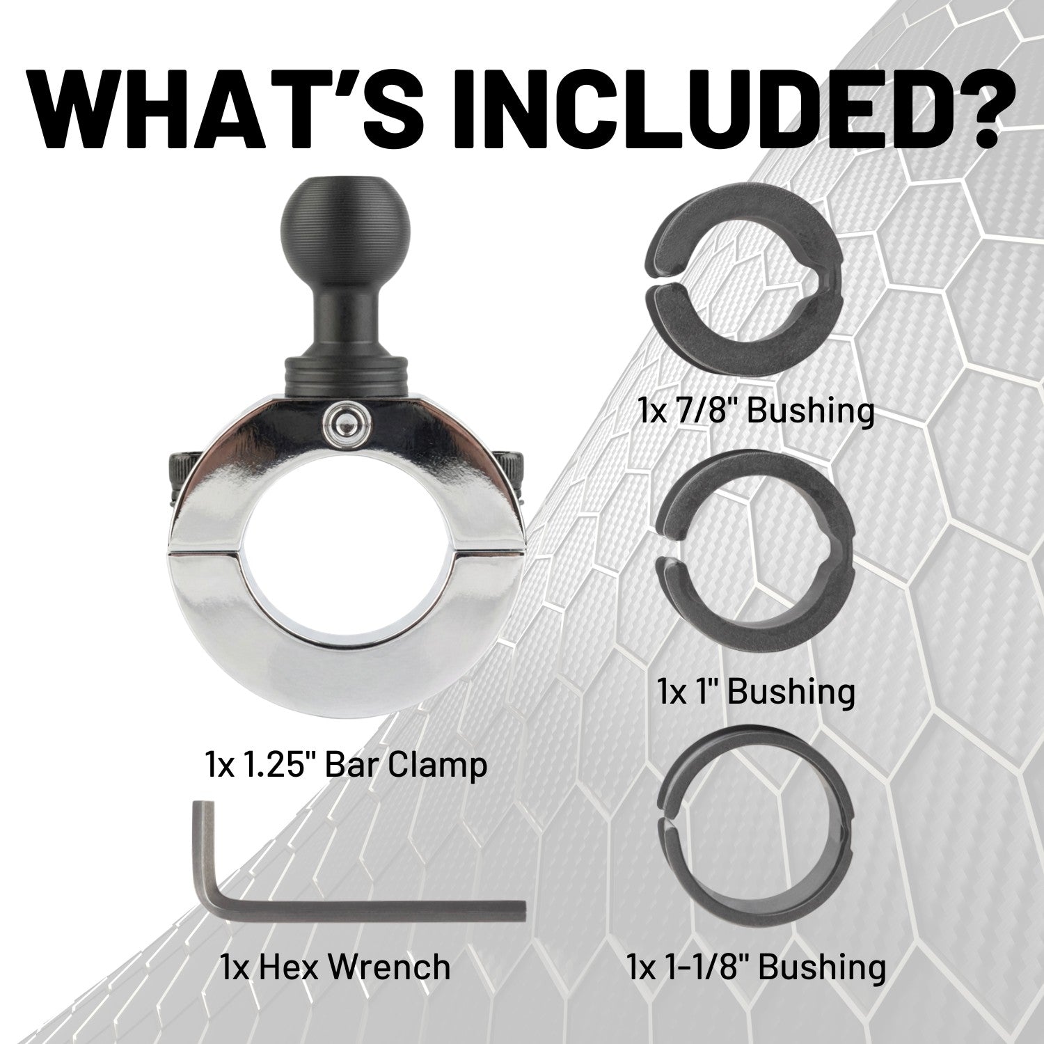 Multi-Size Chrome Bar Clamp with 20mm Ball compatible with 7/8" to 1.25" Bars