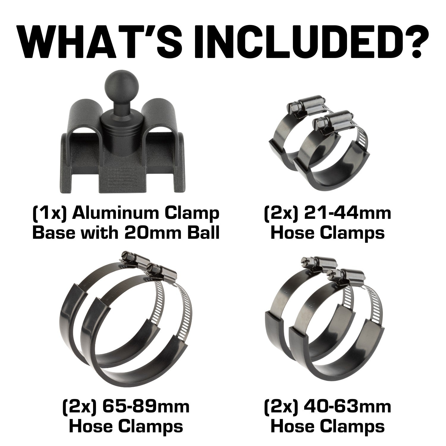Adjustable Dual Hose Clamp Bar Mount with 20mm Ball - Fits Bars 1 to 3 inches Diameter